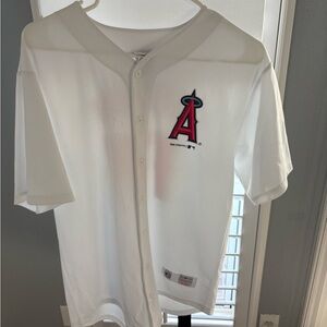 White Baseball Jersey with Red and Blue Logo